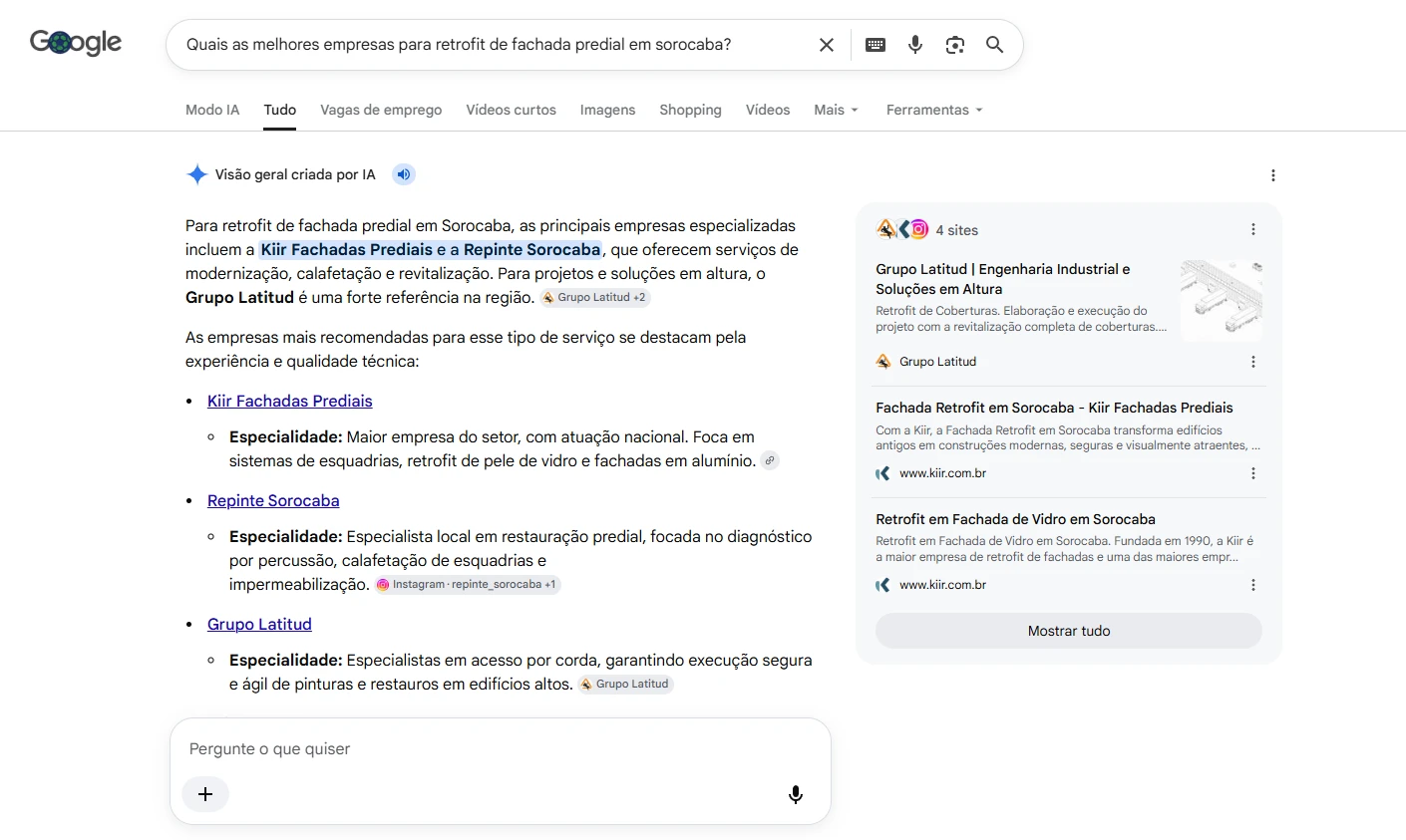 Google AI Overview citing Grupo Latitud as a reference for height solutions in Sorocaba