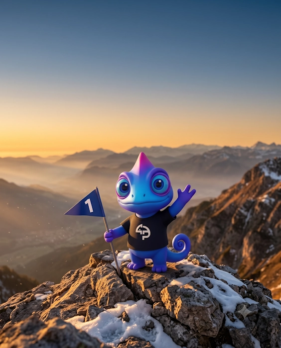 Próximo Passo mascot at a mountain summit with a number one flag