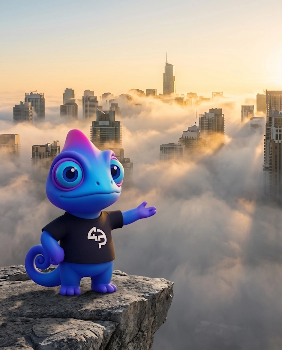 Próximo Passo chameleon mascot on a clifftop watching a city skyline emerge from the morning fog at sunrise