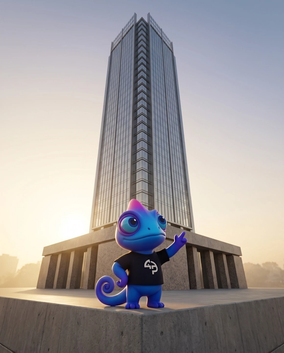 Próximo Passo chameleon mascot standing on the solid foundation of a rising modern corporate glass tower at golden hour